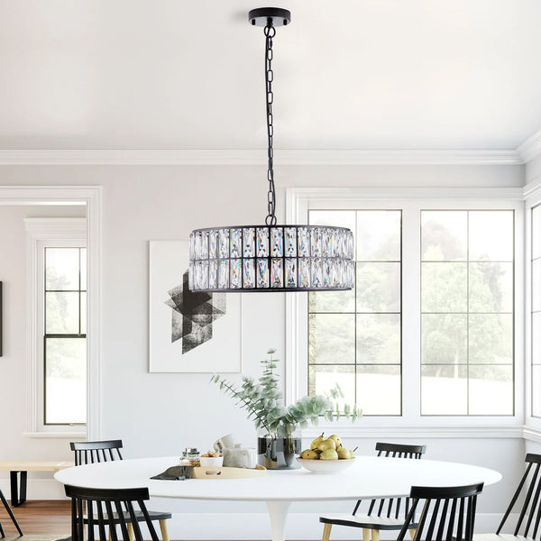 English Elm 18" Black Modern Crystal Drum Chandelier – 6-Light K9 Crystal Pendant with Adjustable Chain, Metal Frame W2312P405329