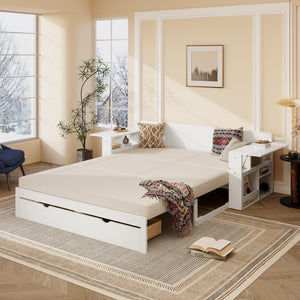 English Elm Queen Daybed with Hydraulic Desk Storage Drawers and Convertible Sofa for Small Spaces White LT000272AAK