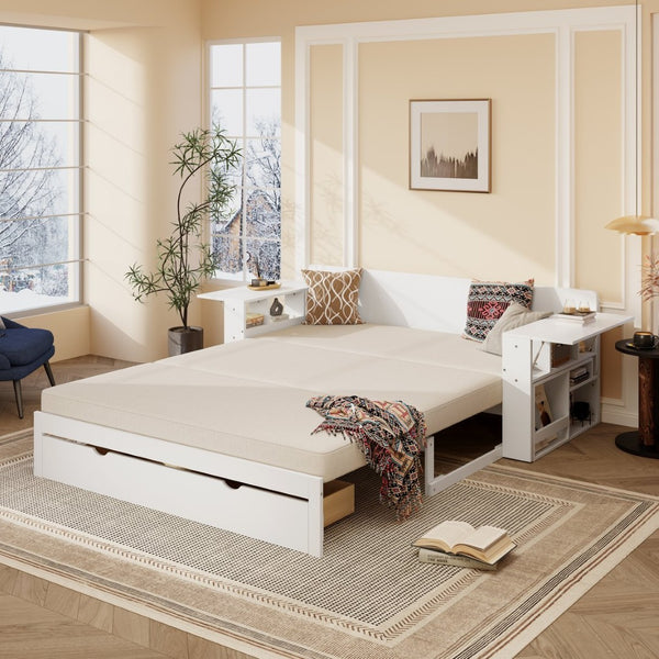 English Elm Queen Daybed with Hydraulic Desk Storage Drawers and Convertible Sofa for Small Spaces White LT000272AAK