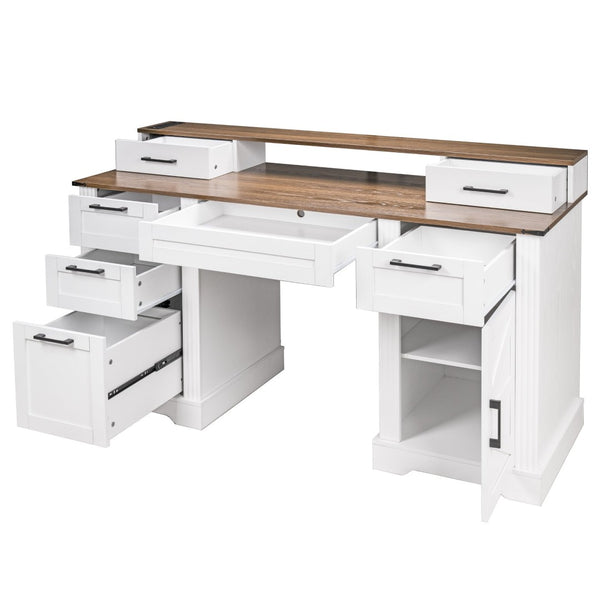 English Elm 59" Fluted Oak L-shaped Corner Desk with Charging Station Monitor Stand and File Storage White W2917S00006