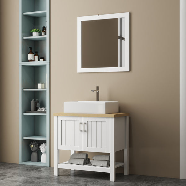 English Elm 32" Modern Bathroom Vanity With Above-Counter Sink, Solid Wood Cabinet & Mirror For Small Spaces W3151S00003