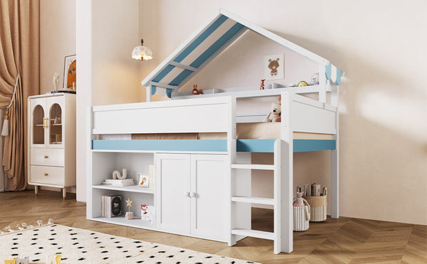 English Elm Full Size Pine Loft Bed with House Canopy Roof Built in Shelves and Storage Cabinet N7090005012C