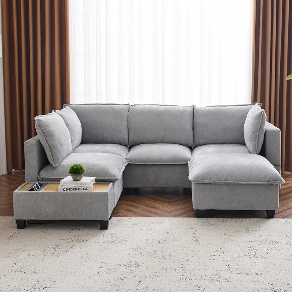 English Elm 90" U-shaped Sectional Sofa Modular Couch with Movable Ottoman, Hidden Charging Coffee Table, Durable Comfort Grey N719S001780E