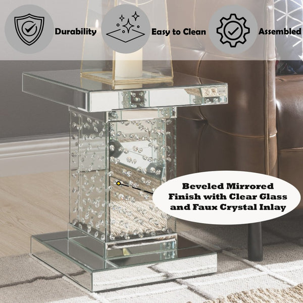 English Elm Nysa Glam Mirrored End Table with Faux Crystal Column Base for Bedroom or Living Room B2726P457130