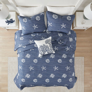 English Elm 4 Piece Cotton Reversible Embroidered Quilt Set with Coastal Starfish & Shell Motifs, OEKO-TEX Certified Quality Navy 20.87 L x 16.93 W x 6.5 H B03595793