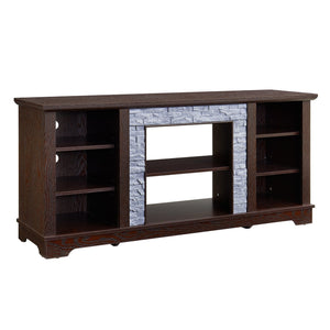 English Elm TV Media Stand Cherry with Faux Stacked Stone Surround, 65" TV Console, Open Storage, Cable Management, Adjustable Shelves W1758P187684