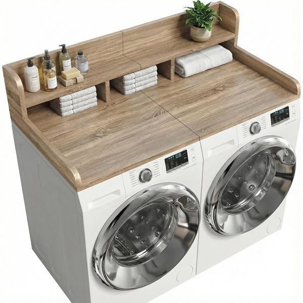 English Elm Washer Dryer Wood Look Shelf Topper with Raised Edge Double Layer Laundry Organizer Brown+Sand W2641P442523