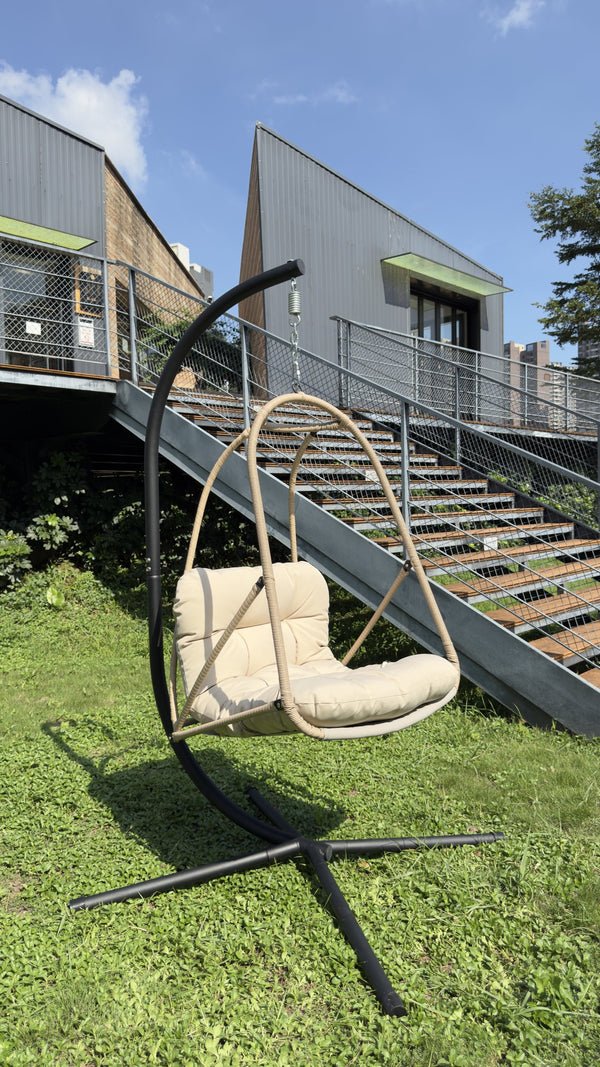 English Elm Swing Egg Chair with Stand - Foldable Rattan Hanging Basket Seat, Cushioned Comfort, Cup Holder Beige+Brown W2707P388617