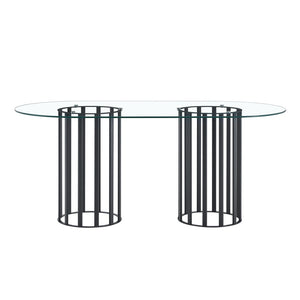 English Elm 71 Inch Oval Tempered Glass Dining Table Black Metal Base Seats Eight Modern W1151P416029