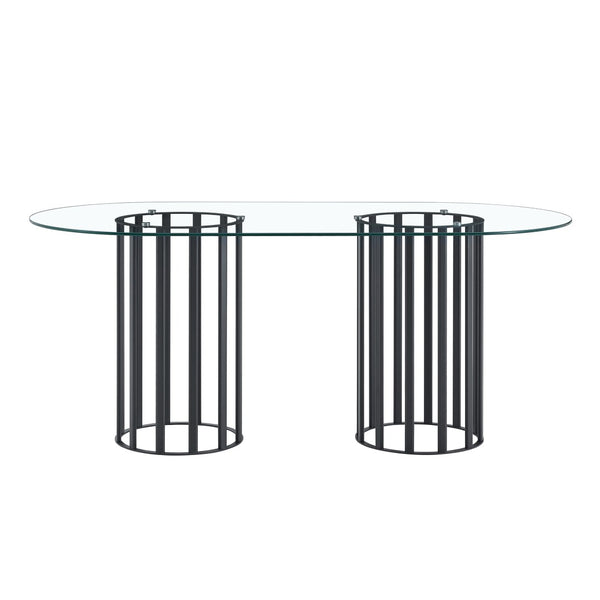 English Elm 71 Inch Oval Tempered Glass Dining Table Black Metal Base Seats Eight Modern W1151P416029