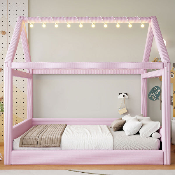 English Elm Full Size Upholstered House Daybed With Led Lights – Cozy Pink Retreat For Kids & Guests N7500001335H