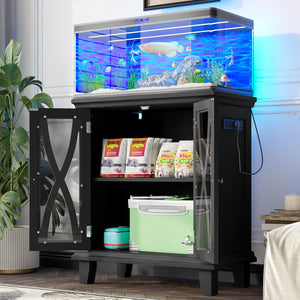 English Elm 20 Gallon Fish Tank Stand with Built-In Power Outlets & USB, Farmhouse Style Aquarium Cabinet with Adjustable Shelves and Heavy-Duty 298lb Tabletop Capacity Black N704P350196B