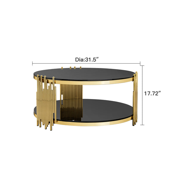 English Elm double double layer black tempered glass top stainless steel round coffee table - gold frame, two-tier storage, modern luxury for living room, office, bedroom W2723P252344