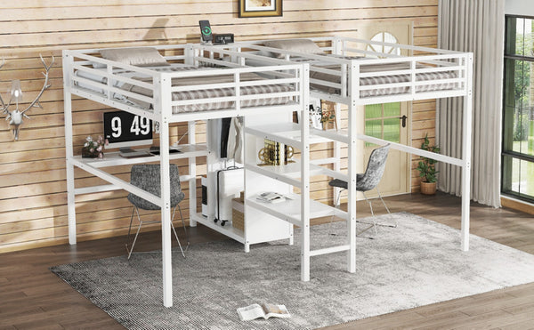 English Elm Twin Metal Loft Bed with Study Desk Wardrobe Shelving and Outlet for Kids Rooms W1580S00373