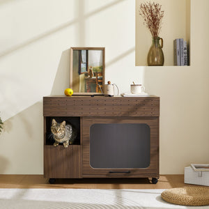 English Elm 2 IN 1 Multi-use Cat Litter Box Enclosure Walnut Side Table with Storage, Mid-Century Modern Buffet Cabinet, Flip-Up Door, Rollers, Large Capacity — 35.5"L x16.3"W x27.2"H N843P254845W