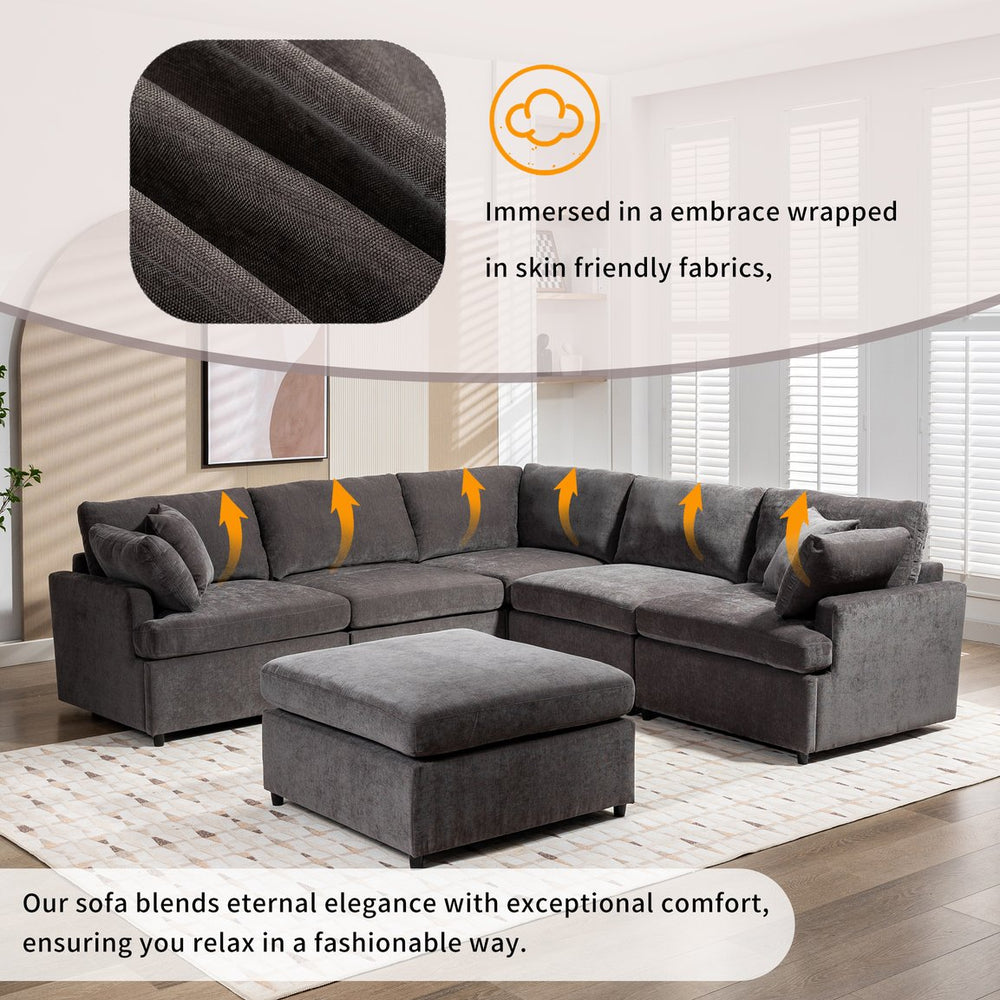 English Elm [ U_STYLE Upholstered Sectional Sofa Removable Ottoman Spacious U-Shape 6-Seat Couch Durable Frame Cozy PP Cotton Fill Gray WY000387AAE