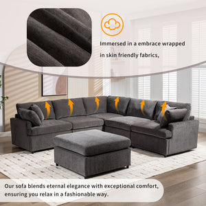 English Elm [ U_STYLE Upholstered Sectional Sofa Removable Ottoman Spacious U-Shape 6-Seat Couch Durable Frame Cozy PP Cotton Fill Gray WY000387AAE