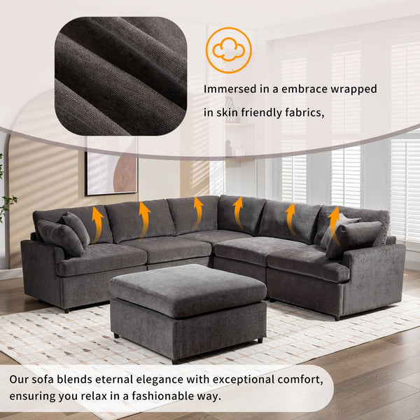 English Elm [ U_STYLE Upholstered Sectional Sofa Removable Ottoman Spacious U-Shape 6-Seat Couch Durable Frame Cozy PP Cotton Fill Gray WY000387AAE