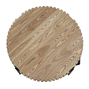 English Elm Round Gear Motif Drum Coffee Table Walnut Mdf Top Iron Base Compact Living Room Accent N770P372354N