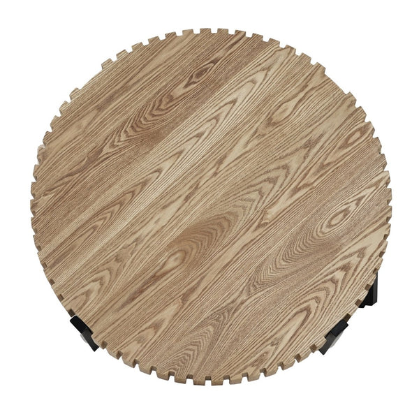 English Elm Round Gear Motif Drum Coffee Table Walnut Mdf Top Iron Base Compact Living Room Accent N770P372354N