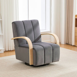 English Elm 30.7"W Upholstered 360° Swivel Accent Chair with Solid Wood Arms, Channel Tufted Foam Seat for Living Room Office Hotel (Charcoal) W3118P339625