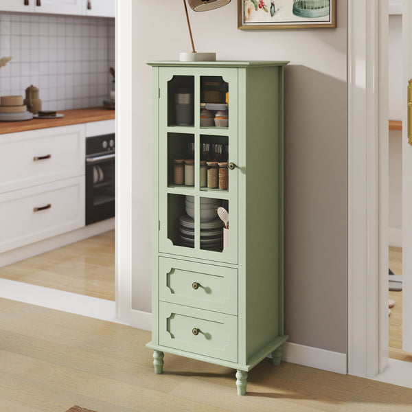 English Elm Minimalism Mint Green Buffet Cabinet with Tempered Glass, Solid Wood Legs, Spacious Drawer & Shelves W2557P355889