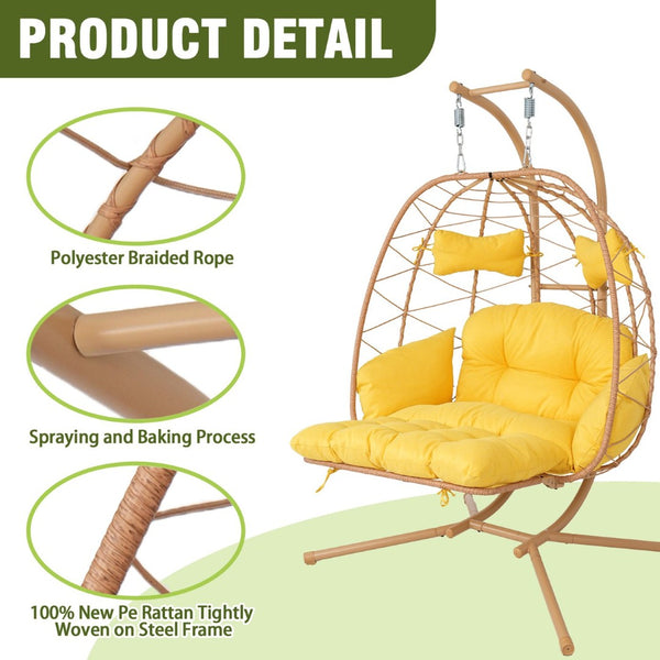 English Elm 2 Person Wicker Hanging Egg Chair with Stand Padded Swing for Patio or Garden T5880P500213