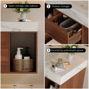 English Elm 39.4'' Floating Bathroom Vanity with Ceramic Sink and Sintered Stone Top, Wall-Mount Modern Design White+Walnut W3136S00020