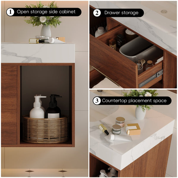 English Elm 39.4'' Floating Bathroom Vanity with Ceramic Sink and Sintered Stone Top, Wall-Mount Modern Design White+Walnut W3136S00020