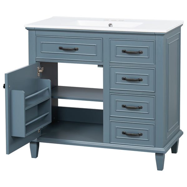 English Elm 36 Inch Bathroom Vanity With Ceramic Sink, Adjustable Shelf, Stylish Storage, Modern Blue Finish N725P336554C