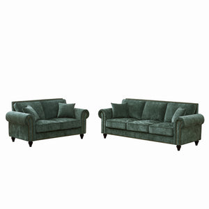 English Elm Modern Chenille 3+2 Seater Sofa with Rolled Arms, Velvet Touch, Nailhead Trim, Solid Wood Legs, Cozy Green W3373S00044