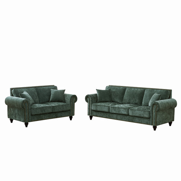 English Elm Modern Chenille 3+2 Seater Sofa with Rolled Arms, Velvet Touch, Nailhead Trim, Solid Wood Legs, Cozy Green W3373S00044