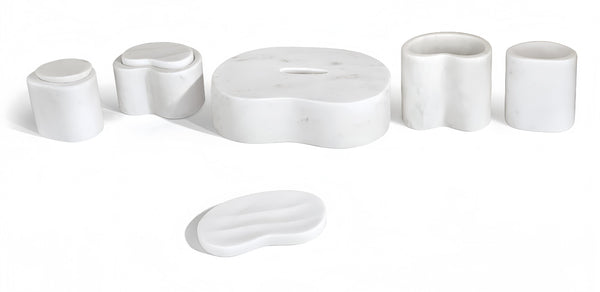 English Elm White Natural Marble Bathroom Accessory Set - 6-Piece Luxury Collection, Handcrafted Elegance, Unique Design W1696P262943-GIGA