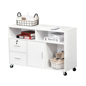 English Elm HOMCOM Mobile Printer Stand & Storage Cabinet with Locking Drawer, 3 Shelves, 4 Casters – White W2225P217762