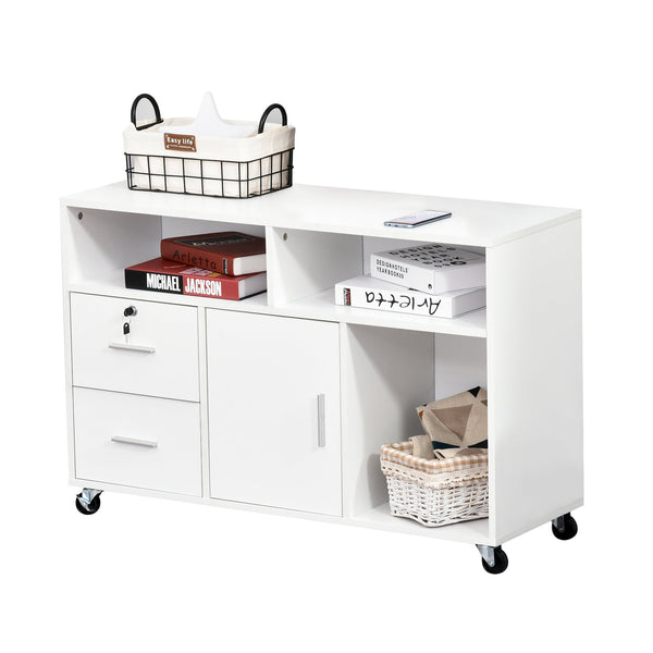English Elm HOMCOM Mobile Printer Stand & Storage Cabinet with Locking Drawer, 3 Shelves, 4 Casters – White W2225P217762