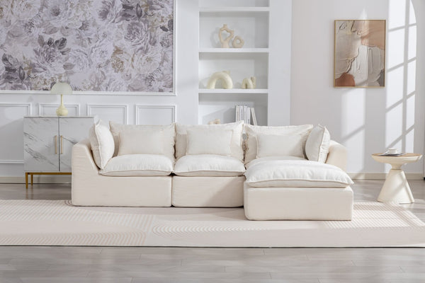 English Elm 102.3" Oversized Modular Sectional Sofa Cotton Linen Deep Seat Lounge with Ottoman Antique White W2530S00014