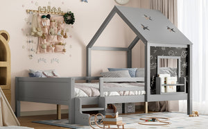 English Elm Full Bunk Bed with Trundle Bookshelf Storage Pine Frame Car Design for Kids Gray W1580S00296