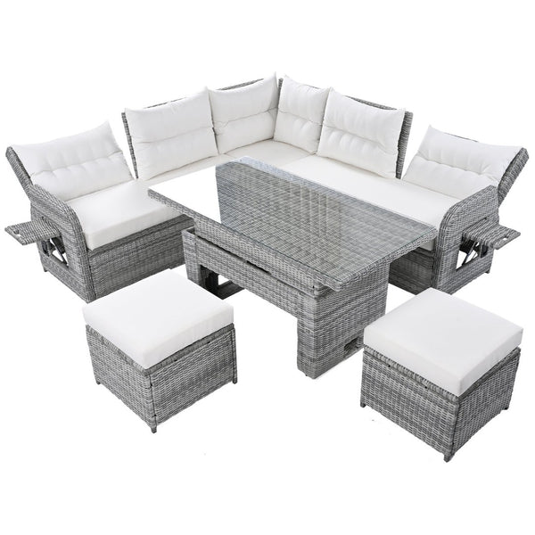 English Elm Outdoor Rattan Furniture Set With Adjustable Recliners, Versatile Tables, And Ottomans For Patios N719Z000120A-GIGA