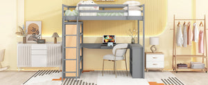 English Elm Full Size Loft Bed with Desk Shelves Writeable Board Pine Frame Gray Finish LT100226AAE-1