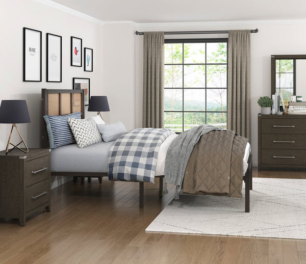 English Elm 1pc Twin Platform Bed with Dark Metal Frame and Faux Cane Panel Headboard, Coastal Casual Design, No Box Spring Needed Bronze 47.25 L x 28 W x 3.75 H B011P214033