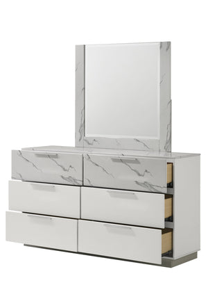 English Elm Mist White Lacquer Dresser with Marble-Effect Accents, 6 Spacious Drawers & Velvet-Lined Top Trays G150108674