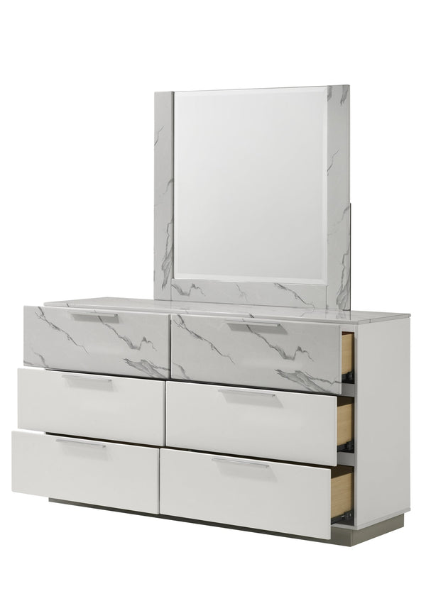 English Elm Mist Dresser White – Two-Tone High-Gloss Marble-Look & Lacquer Finish, 6 Spacious Drawers, Velvet-Lined Top (Contemporary Luxury) B009P309326
