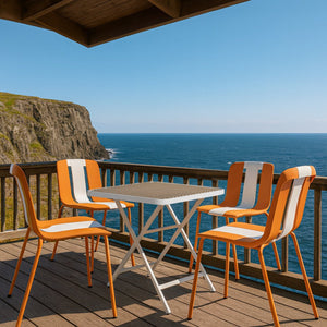 English Elm 4-Pack Modern Striped Color Block Chairs with 55" Long Table — Waterproof PP Seats, Rustproof Metal Frame Beige,khaki,Tropical Orange,White W3450S00042