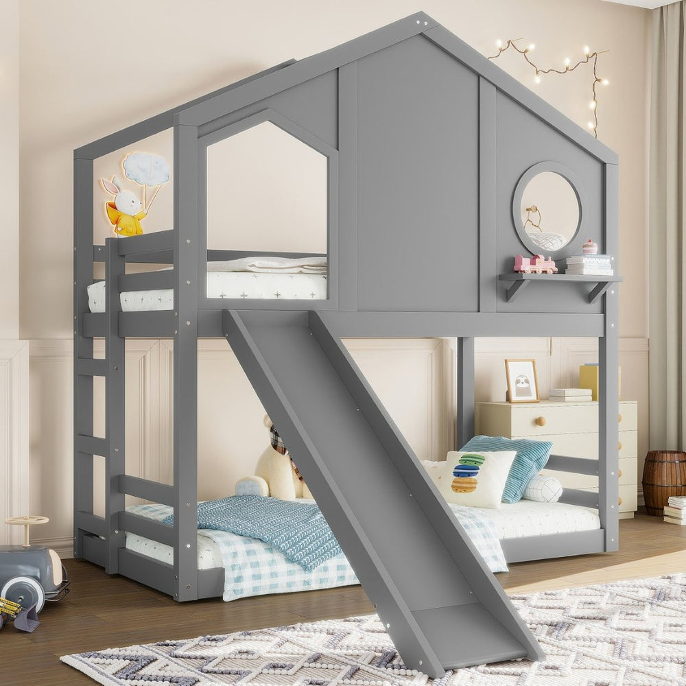 English Elm Full Bunk Bed with Trundle Bookshelf Storage Pine Frame Car Design for Kids Gray W1580S00465