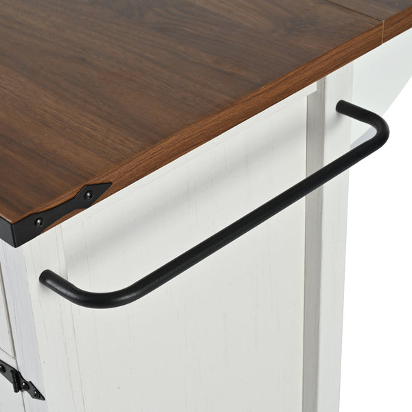 English Elm K&K Farmhouse Kitchen Island Cart 53.5" with Drop Leaf, Built-In Power Station, Ample Storage & Wheels White N707P170348W