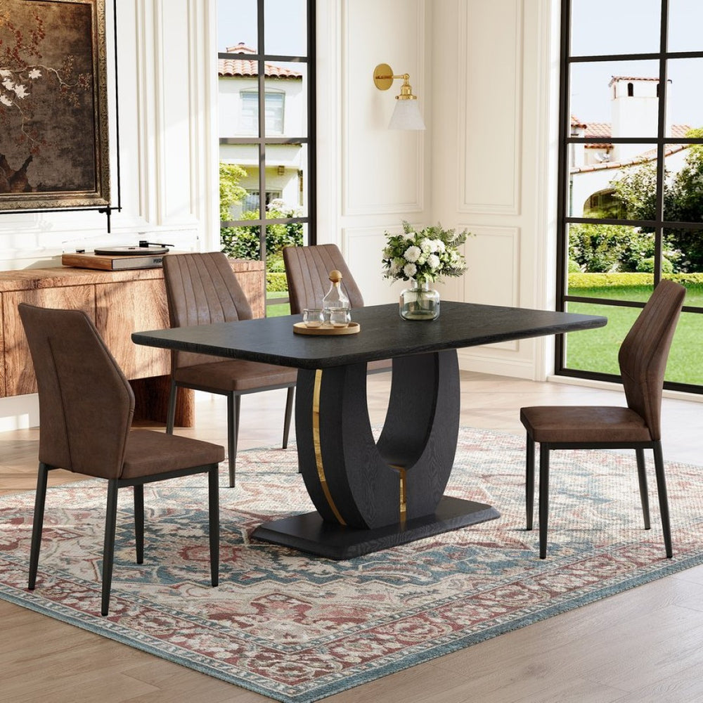 English Elm One 5 Piece Dining Set 63 Inch Table Dark Wood Grain Top with Brown Fabric Chairs W1151S04437