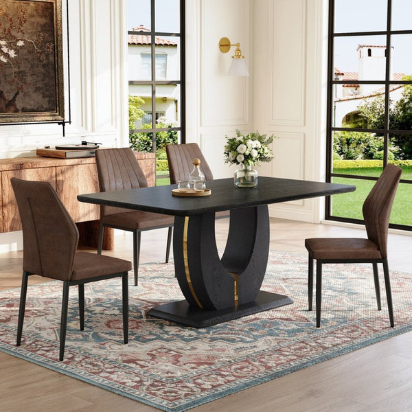 English Elm One 5 Piece Dining Set 63 Inch Table Dark Wood Grain Top with Brown Fabric Chairs W1151S04437