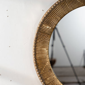 English Elm 31.3" Gold Iron Round Mirror Ribbed Texture Rivets Bohemian Accent for Bedroom W3158P407140