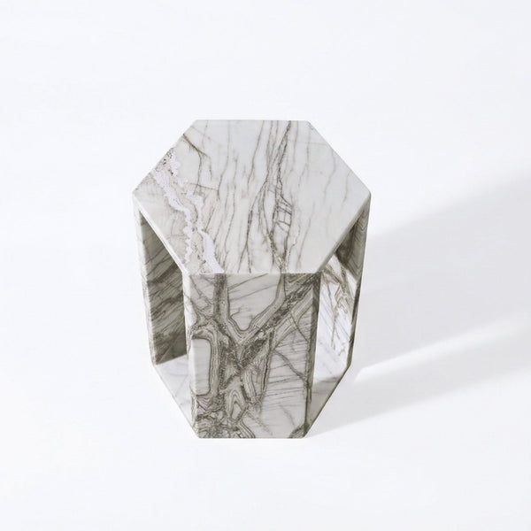 English Elm Genuine Solid Marble Hexagonal Pedestal End Table Polished Stone for Modern Living White+Multi W1696P408000