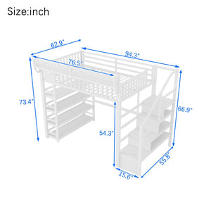 English Elm Full Metal Loft Bed with Stair Storage Rgb Lighting and Charging Station for Teens White W2580S00075
